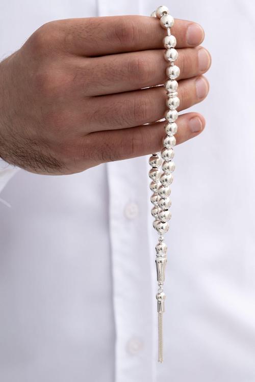 Gümüş Tespih Düz Küre Orta Boy 27Gr