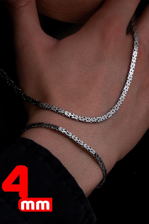 Erkek Gümüş Kolye Bileklik Set - 4Mm Dikdörtgen Kesim Yassı Kral Gümüş Kolye Bileklik Set