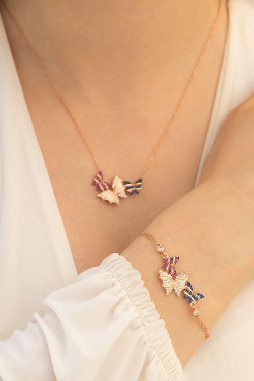 Kadın Gümüş Kolye Bileklik Set - Rose Kelebek Model Gümüş Kolye Bileklik Set
