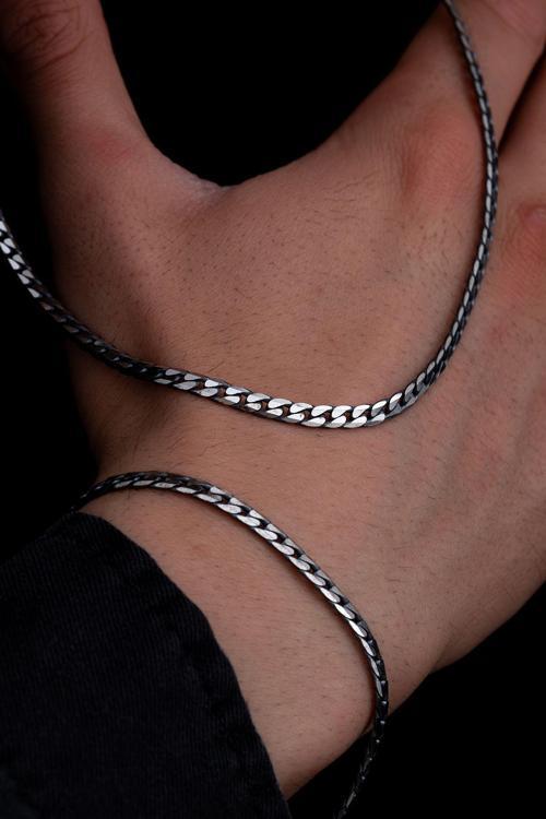 Erkek Gümüş Kolye Bileklik Set - 925 Ayar 4 Mm Oksitli Ezme Gurmet Zincir Gümüş Kolye Bileklik Set