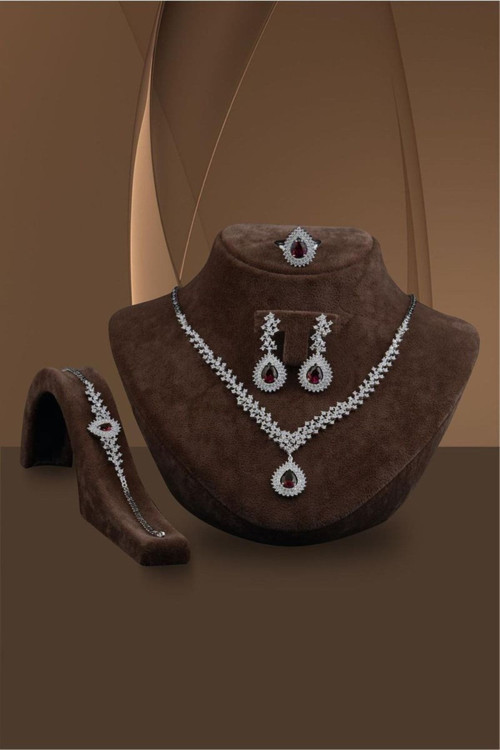 Çise Yakut Taşlı Gümüş Su Yolu Set - Kolye, Bileklik, Küpe, Yüzük