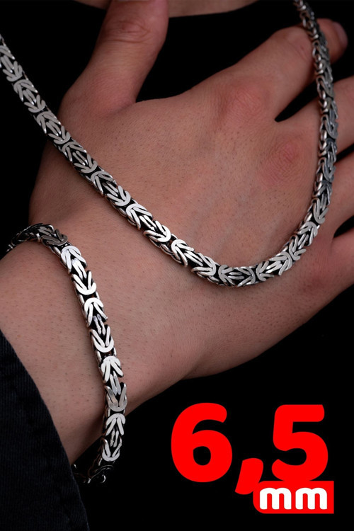 Erkek Gümüş Kolye Bileklik Set - 6.5Mm Dikdörtgen Kesim Yassı Kral Gümüş Kolye Bileklik Set