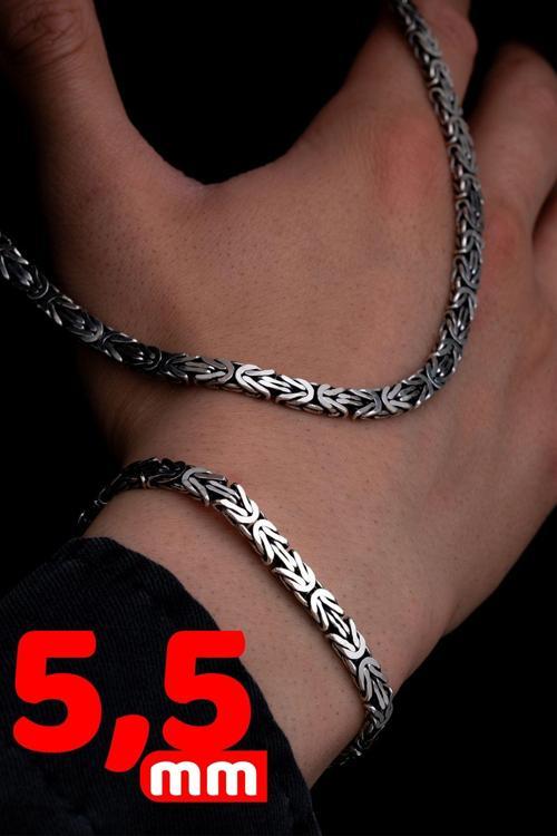 Erkek Gümüş Kolye Bileklik Set - 5.5Mm Dikdörtgen Kesim Yassı Kral Gümüş Kolye Bileklik Set