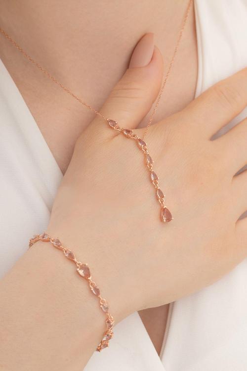 Kadın Gümüş Set - Rose Zultanit Taşlı Damla Model Kolye Bileklik Gümüş Set