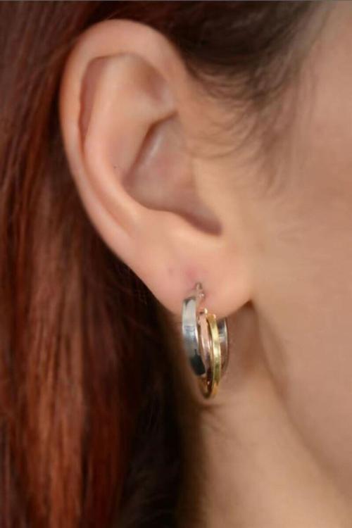 Ottoman Üç Renk Bir Kalın İki İnce Model 925 Ayar Gümüş Kadın Küpesi - Gkpbırkalın-Krs