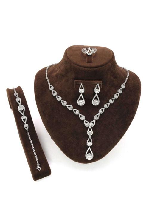 Damla Su Yolu Gümüş Bayan Set - Kolye, Bileklik, Küpe, Yüzük
