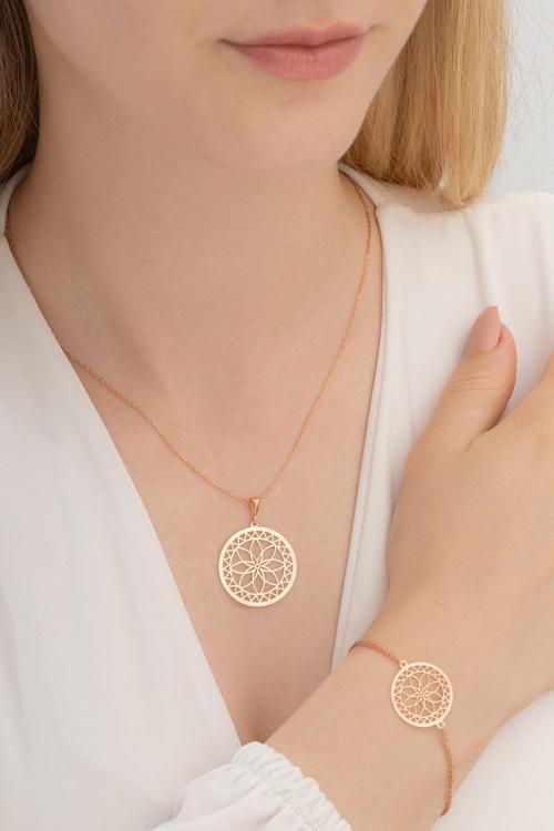 Kadın Gümüş Set - Lotus Çiçeği Rose Renk Kolye Bileklik Gümüş Set