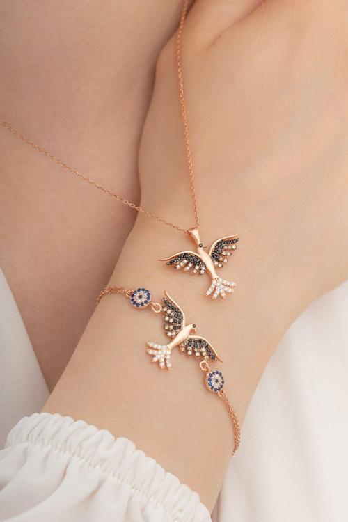Kadın Gümüş Set - Rose Zümrüdü Anka Kuşu Kolye Bileklik Gümüş Set
