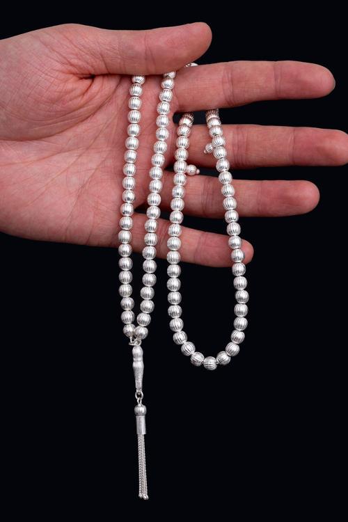 Erkek Gümüş Tespih - Çizgili Küre 99'Luk Namaz Tespihi Gümüş Tespih