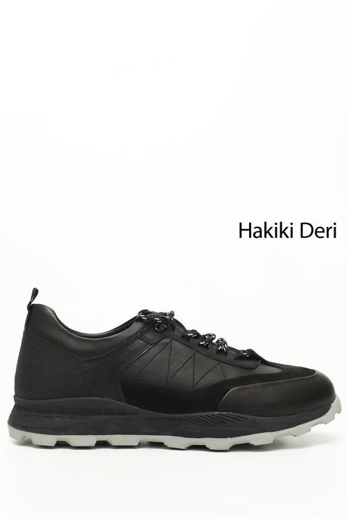 Erkek Siyah Bağcıklı Hakiki Deri Comfort Sneaker