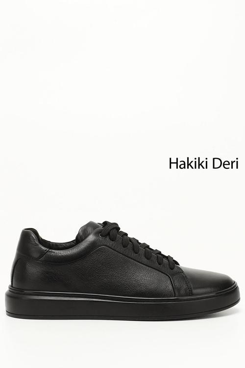 Erkek Siyah Bağcıklı Kauçuk Taban Hakiki Deri Sneaker