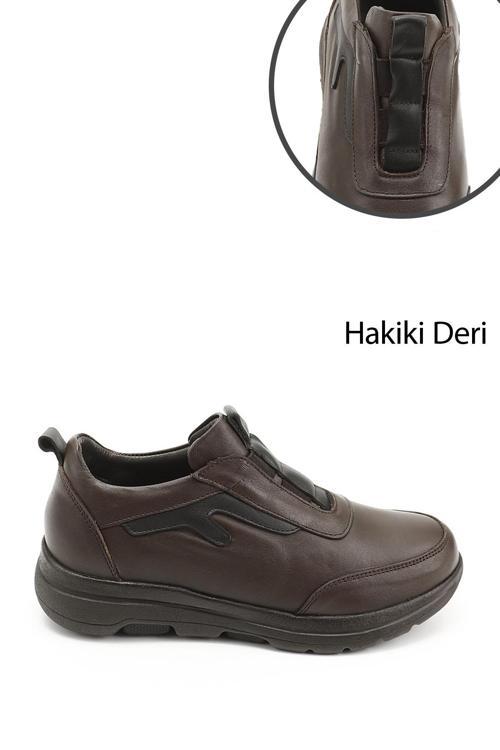 Kadın Kahve Antik Dilden Lastikli Hakiki Deri Comfort Ayakkabı