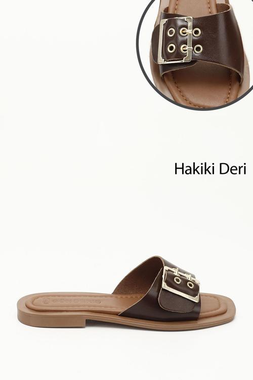 Kadın Kahverengi Tokalı Tek Bantlı Hakiki Deri Terlik