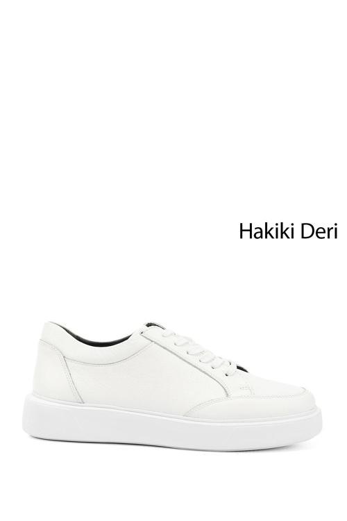 Erkek Beyaz Bağcıklı Hakiki Deri Comfort Sneaker