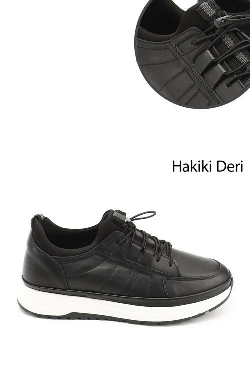 Erkek Siyah Likralı Lastik Bağcıklı Hakiki Deri Comfort Sneaker