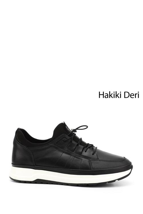 Erkek Siyah Likralı Lastik Bağcıklı Hakiki Deri Comfort Sneaker