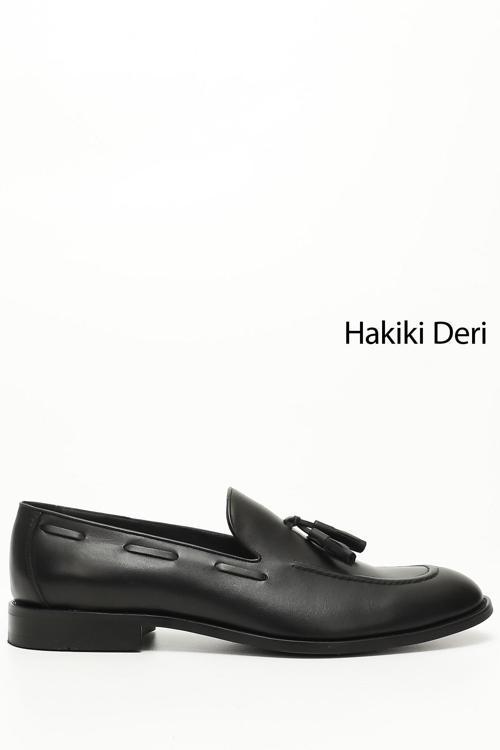 Erkek Siyah Püsküllü Hakiki Deri Ayakkabı