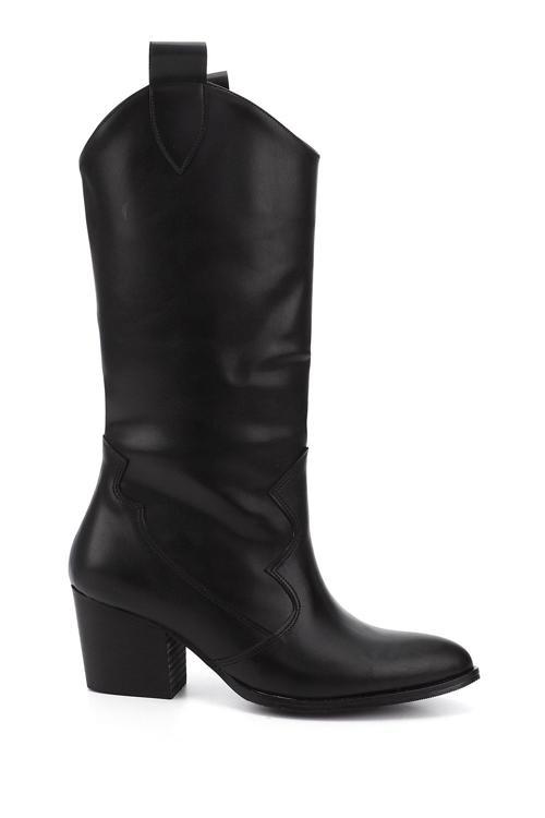 Kadın Siyah Sivri Burun Kalın Topuklu Western Kovboy Çizme