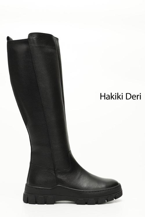 Kadın Siyah Floter Fermuarlı Kauçuk Taban Hakiki Deri Çizme