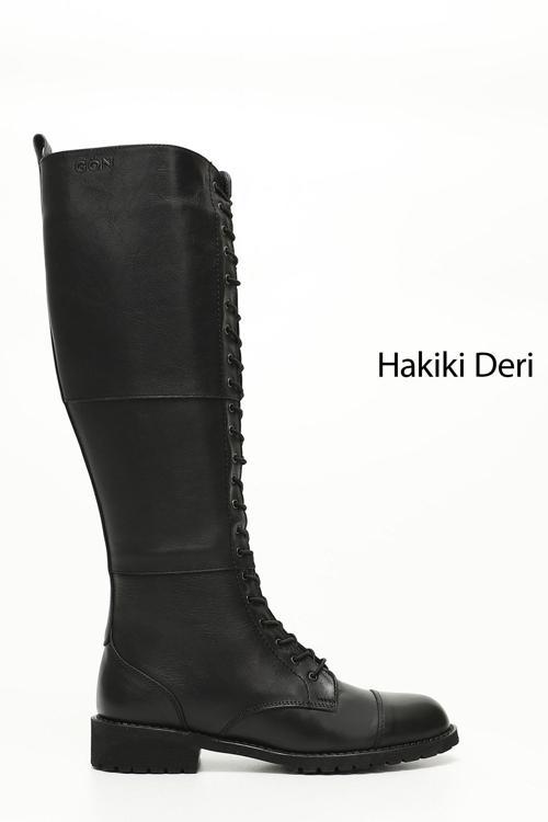 Kadın Siyah Fermuarlı Kauçuk Taban Hakiki Deri Postal Çizme