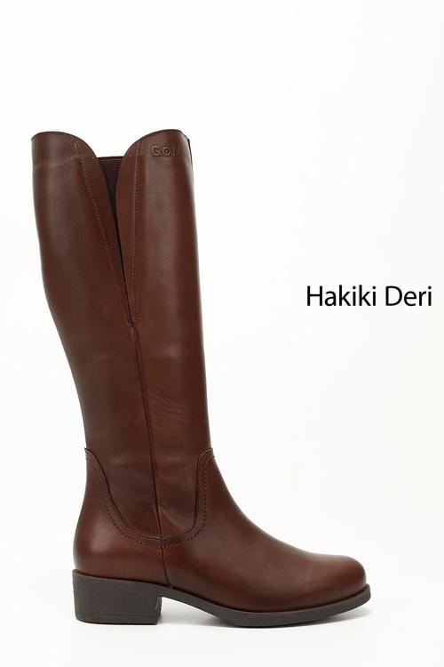 Kadın Kahve Antik Fermuarlı Kalın Topuklu Hakiki Deri Çizme