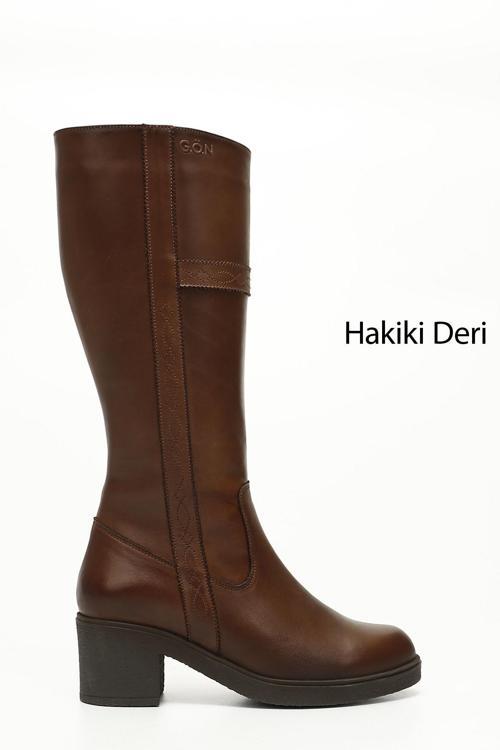Kadın Kahve Antik Fermuarlı Kalın Topuklu Hakiki Deri Çizme
