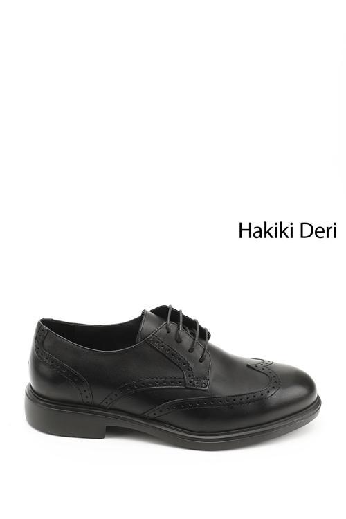 Erkek Siyah Bağcıklı Hakiki Deri Klasik Oxford Ayakkabı