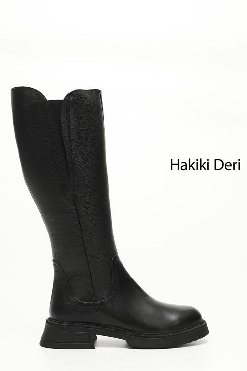 Kadın Siyah Floter Fermuarlı Kalın Topuklu Hakiki Deri Çizme
