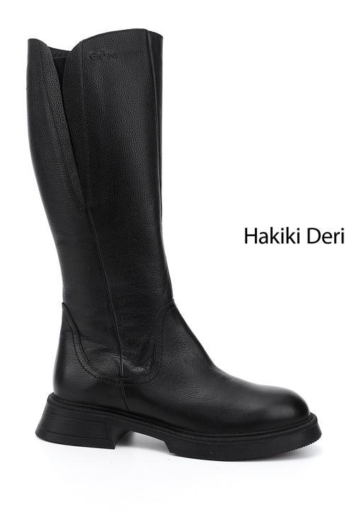 Kadın Siyah Floter Fermuarlı Kalın Topuklu Hakiki Deri Çizme