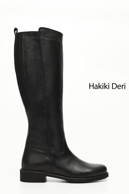 Kadın Siyah Floter Fermuarlı Kauçuk Taban Hakiki Deri Çizme
