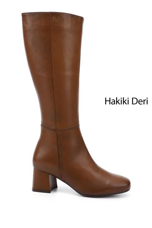 Kadın Taba Antik Hakiki Deri Topuklu Fermuarlı Çizme