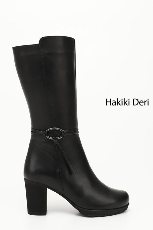 Kadın Siyah Fermuarlı Kalın Topuklu Hakiki Deri Çizme