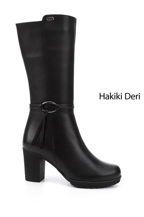 Kadın Siyah Fermuarlı Kalın Topuklu Hakiki Deri Çizme