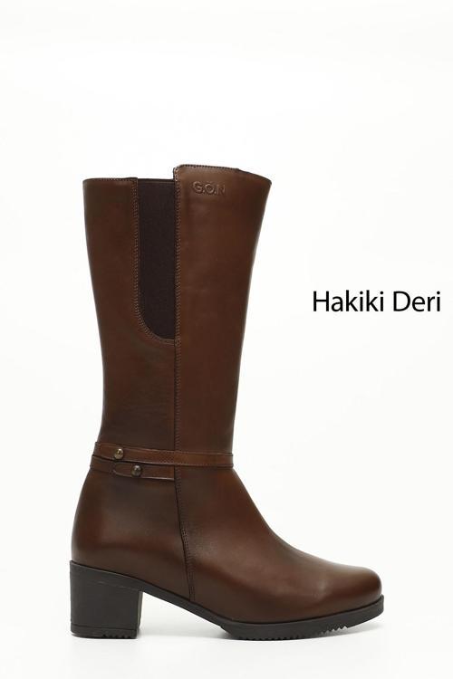 Kadın Kahve Antik Fermuarlı Kalın Topuklu Hakiki Deri Çizme