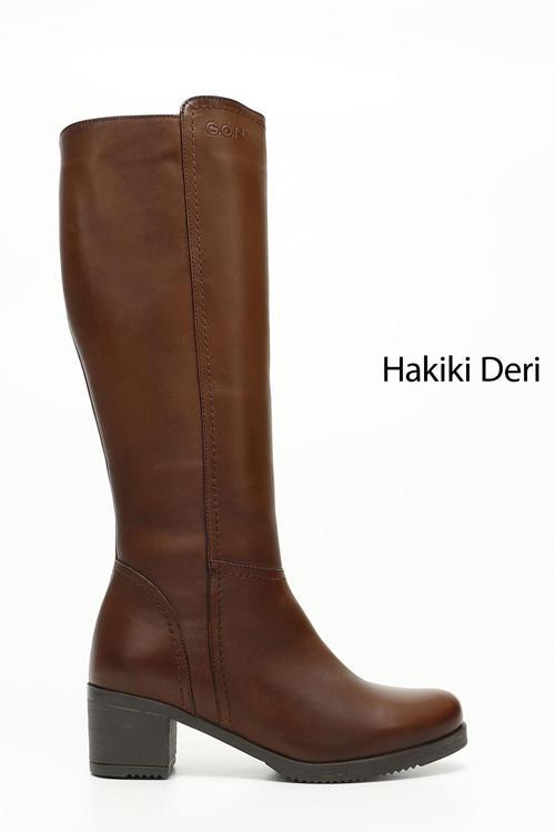 Kadın Kahve Antik Fermuarlı Kalın Topuklu Hakiki Deri Çizme