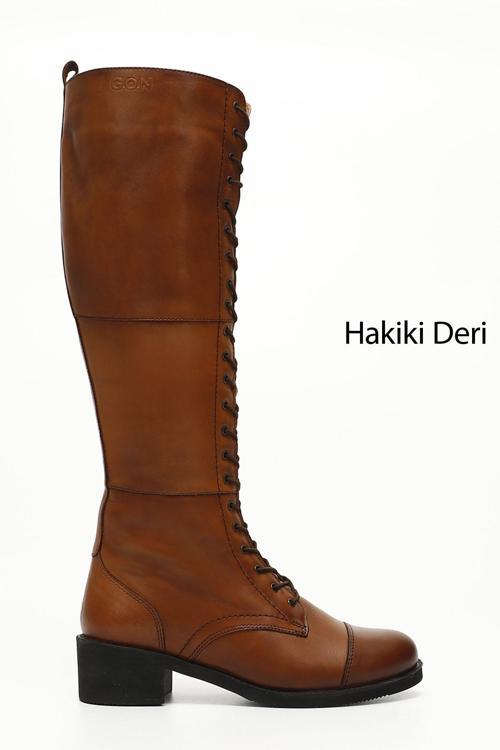 Kadın Taba Antik Fermuarlı Kalın Topuklu Postal Çizme