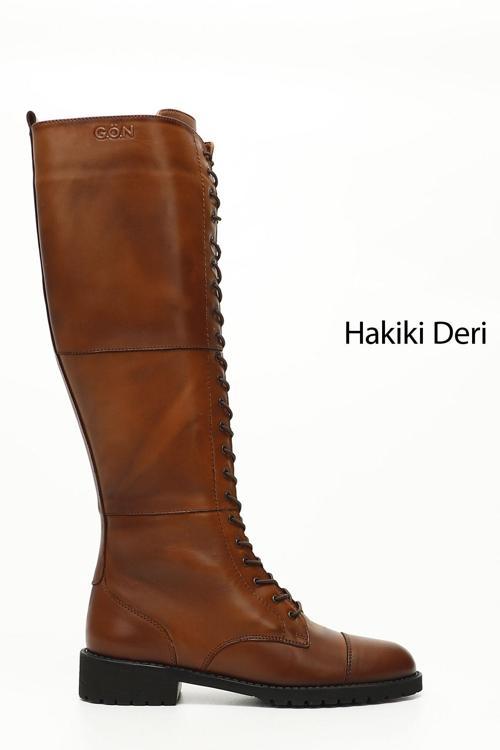 Kadın Taba Antik Fermuarlı Kauçuk Taban Hakiki Deri Postal Çizme