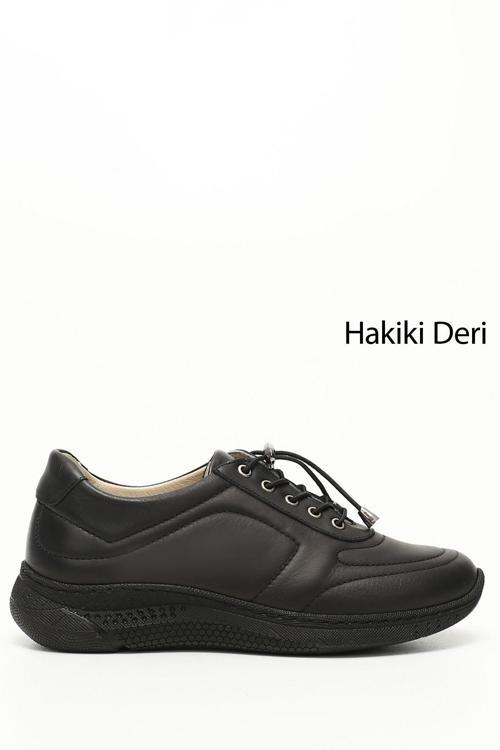 Kadın Siyah Bağcıklı Dolgu Taban Hakiki Deri Sneaker