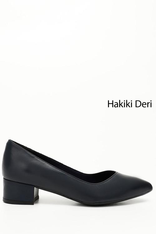 Kadın Lacivert Antik Kısa Kalın Topuklu Hakiki Deri Ayakkabı