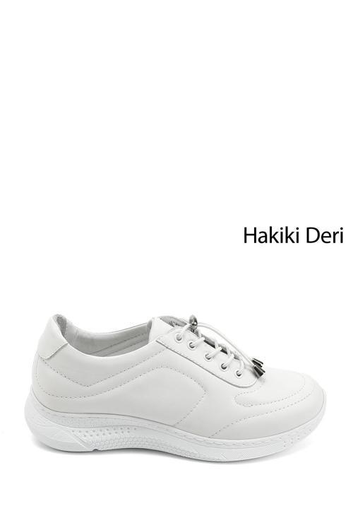 Kadın Beyaz Bağcıklı Dolgu Taban Hakiki Deri Sneaker