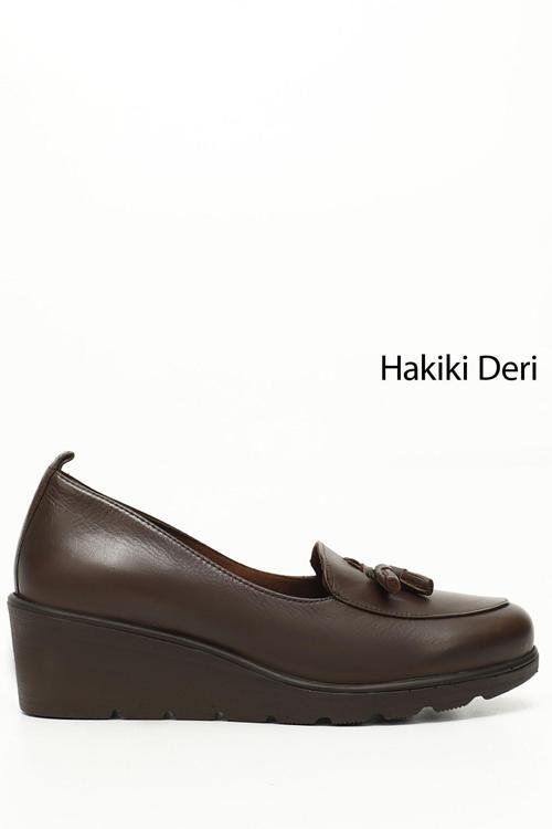 Kadın Kahve Antik Dolgu Taban Püsküllü Hakiki Deri Ayakkabı