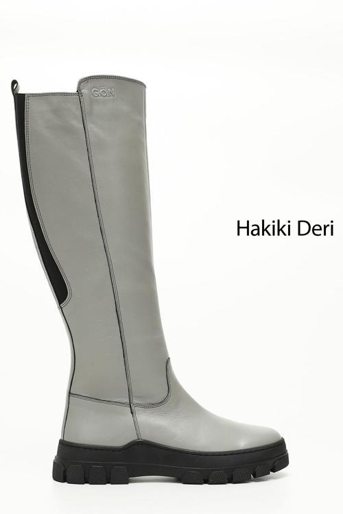Kadın Gri Fermuarlı Kauçuk Taban Hakiki Deri Çizme