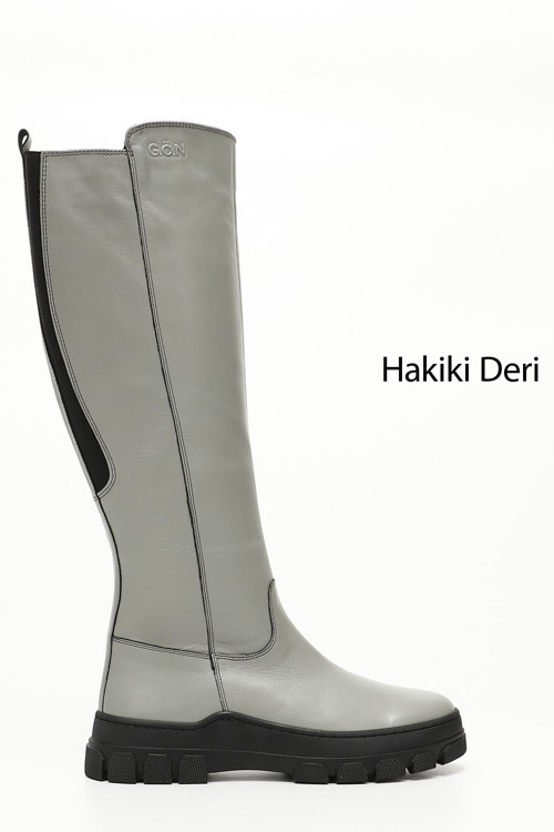 Kadın Gri Fermuarlı Kauçuk Taban Hakiki Deri Çizme