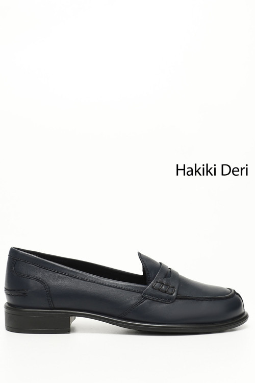 Kadın Lacivert Antik Hakiki Deri Loafer Ayakkabı