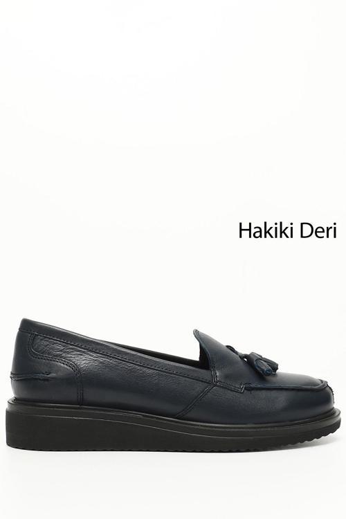 Kadın Lacivert Antik Dolgu Taban Hakiki Deri Loafer Ayakkabı