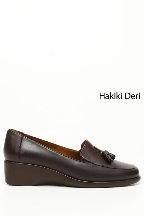 Kadın Kahve Antik Dolgu Taban Püsküllü Hakiki Deri Ayakkabı