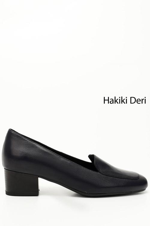 Kadın Lacivert Antik Küt Burun Kısa Kalın Topuklu Hakiki Deri Ayakkabı