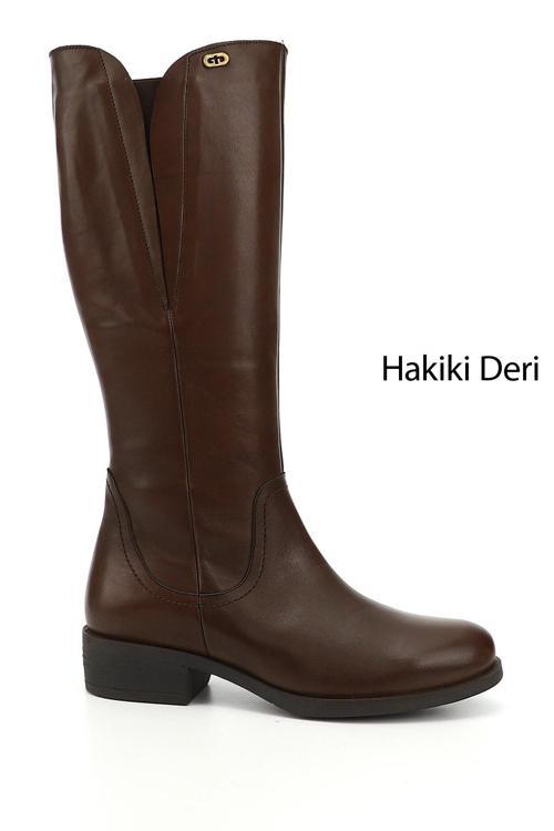 Kadın Kahve Antik Fermuarlı Kalın Topuklu Hakiki Deri Çizme