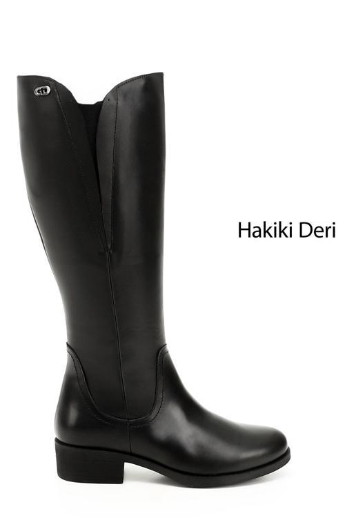 Kadın Siyah Fermuarlı Kalın Topuklu Hakiki Deri Çizme