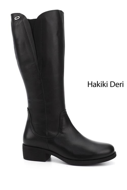 Kadın Siyah Fermuarlı Kalın Topuklu Hakiki Deri Çizme